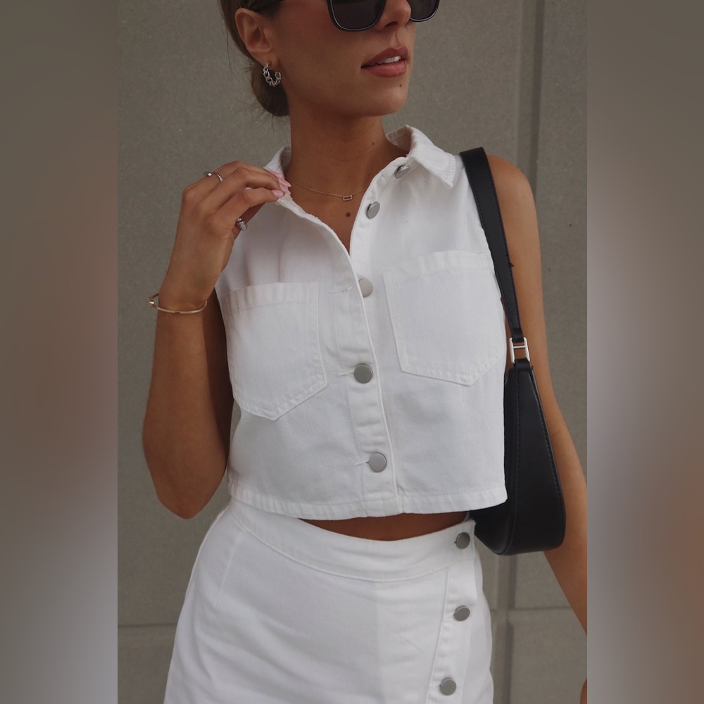 White Denim Button Down Top Vest NWT